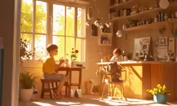 two kids are playing at the table in a sunlit kitchen
