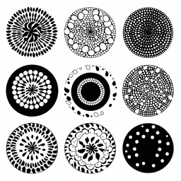 eight circular ornaments are shown in black and white,some circular design is shown on white paper