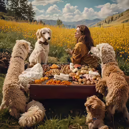 the woman is surrounded by many puppies