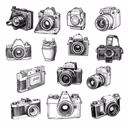 several different cameras and cameras with pictures inside