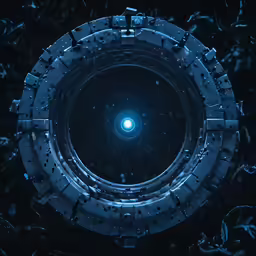 the inside view of an interconnected space in a black hole with blue lights and small stars