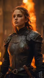 a woman in leather standing near fire