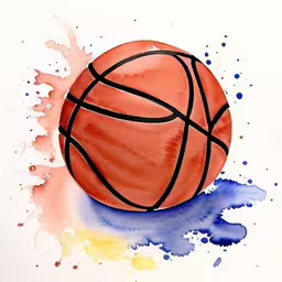 an artful watercolor illustration shows a basketball,an orange basketball on top of a blue watercolor