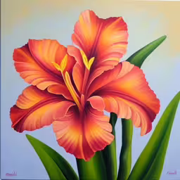 a painting of a flower with two green stems,a painting of a orange flower against a blue sky,a painting of a flower on a blue background,a painting of a orange lily by the ocean,a painting of a red flower in the middle of green leaves