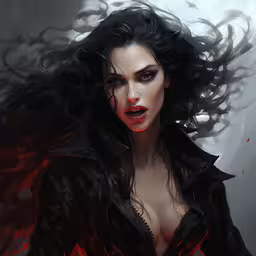 a painting of a woman with red hair,a painting of a woman wearing black with her hair blown
