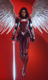 woman wearing black suit and wings standing with a sword