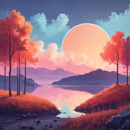 a surreal painting depicting an orange tree and lake,a fantasy landscape with lake and trees in it