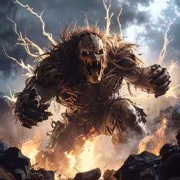 a man on a big foot with flames behind him