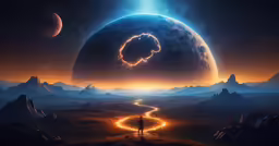 a computer rendering with bright swirls and planets in background