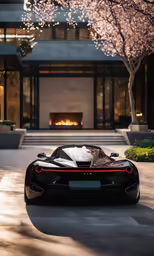 the back of a black car parked outside a building