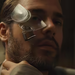 man with glasses over head looks away from camera