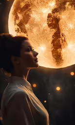 a woman standing beneath a giant yellow moon