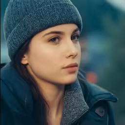 a woman with a blue jacket and grey hat