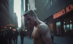 a shirtless man is standing on the sidewalk