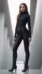 a woman with a black dress and leather pants posing for a photo