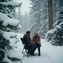 two people are sitting in a sled surrounded by trees
