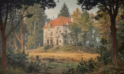 an abandoned house in a forest, near a park