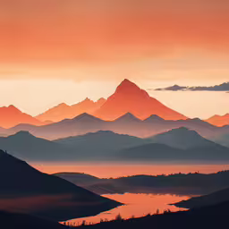 a mountain range at sunset with many mist and water,an orange and blue mountain with water below it