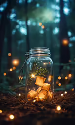 a jar with fireflies inside is illuminated by lights