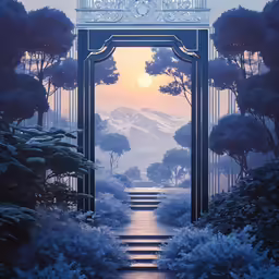 an arch entrance into a garden of trees