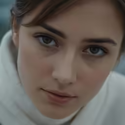 a woman in a white sweater with large brown eyes