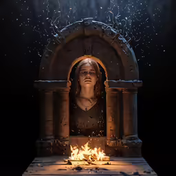 a fire pit surrounded by a woman head