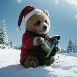a teddy bear sitting in the snow holding a camera