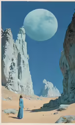 a person in a blue gown is standing near desert