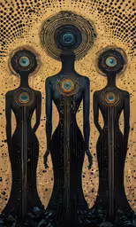 three ladies standing against a brown background