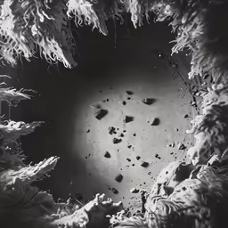 black and white photograph of holes in the ground