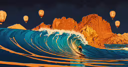 some large orange and blue colored hot air balloons flying over an ocean,a man standing on top of a wave with some hot air balloons in the sky