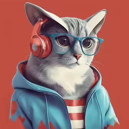 a cat wearing headphones and jacket with hoodie