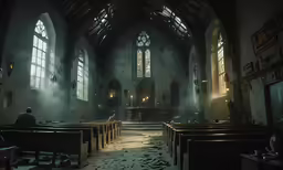 an empty church filled with lots of pews