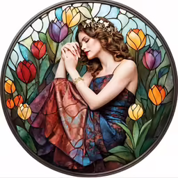 a woman sits in front of a colorful stained glass window