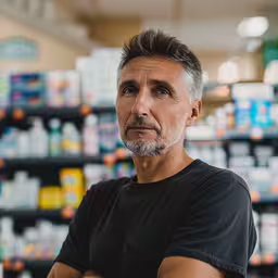 a man looking at the camera with his arms crossed in front of him,a man standing in front of shelves with his arms crossed