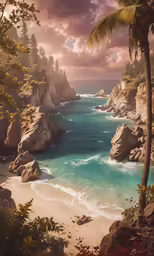 the landscape shows rocky coastline with a calm turquoise ocean