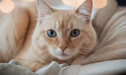 an orange cat with blue eyes laying on a comforter