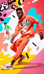 a person in an orange outfit posing for the camera