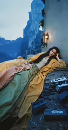 woman sleeping in bed next to many camera sets