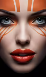 a young woman with orange and white makeup looks at the camera