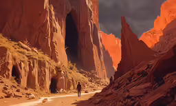 two people are walking towards a cave in a desert
