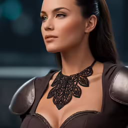 a woman with dark hair in brown dress