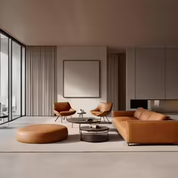 a living room has a large glass window and a modern table