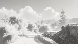 black and white photograph of snow, mountains and road