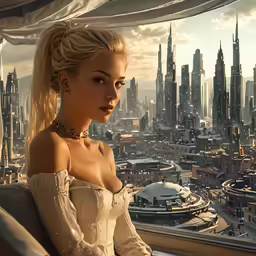a woman wearing long white dresses is looking out the window