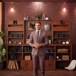 a well dressed man is standing in front of shelves of shelving