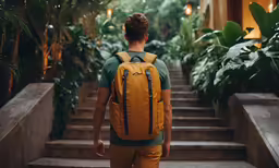 a woman with a backpack standing in an atrium