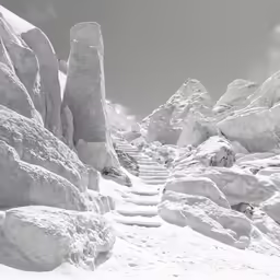 the steps in the snow lead up the cliff