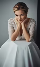 the girl is posing for a photo in the studio