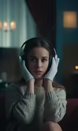 a woman sitting on top of a couch holding up her headphones